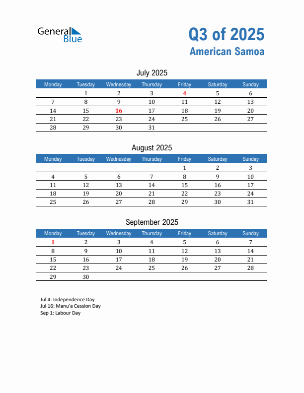 American Samoa Q3 2025 Quarterly Calendar with Monday Start