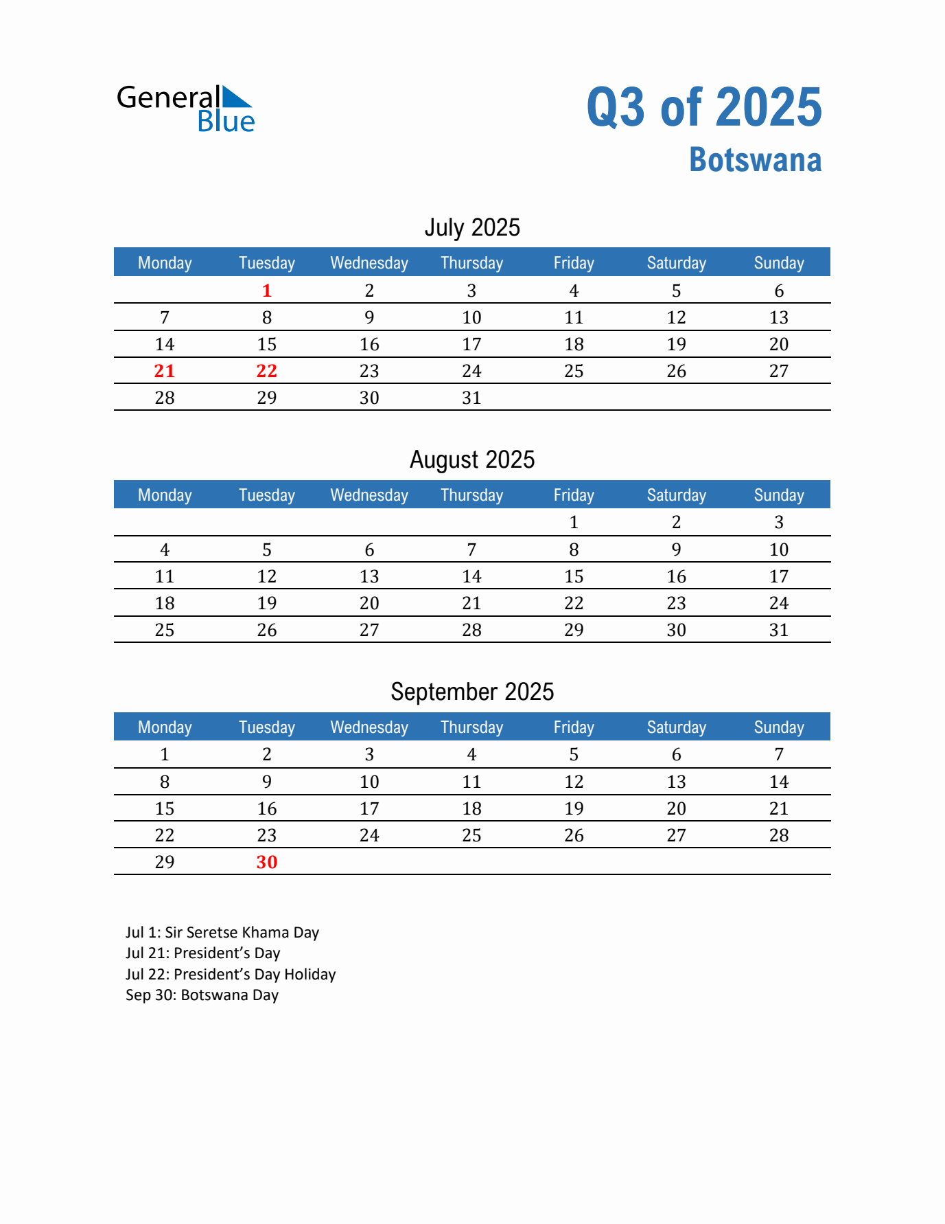 Botswana Q3 2025 Quarterly Calendar with Monday Start