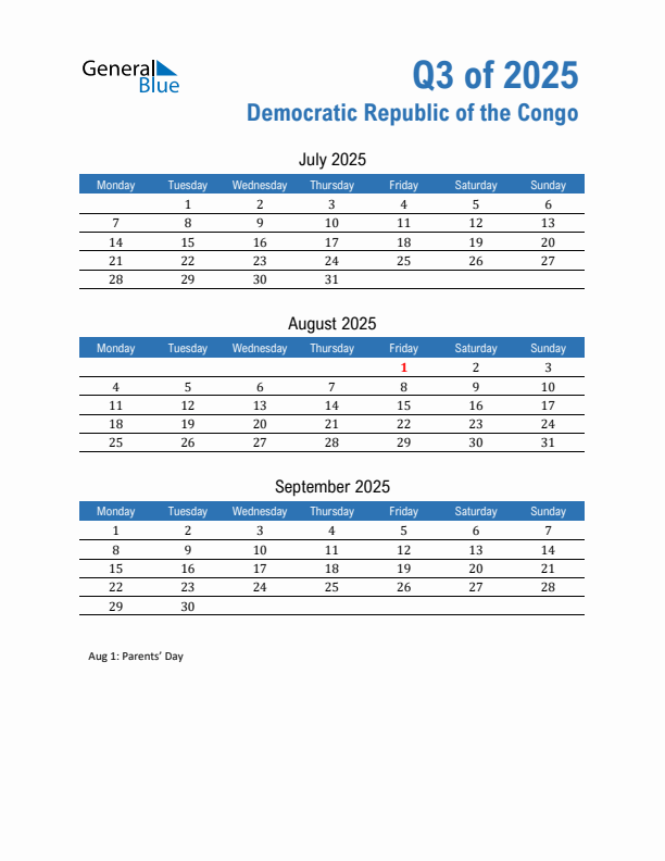 Democratic Republic of the Congo Q3 2025 Quarterly Calendar with Monday Start