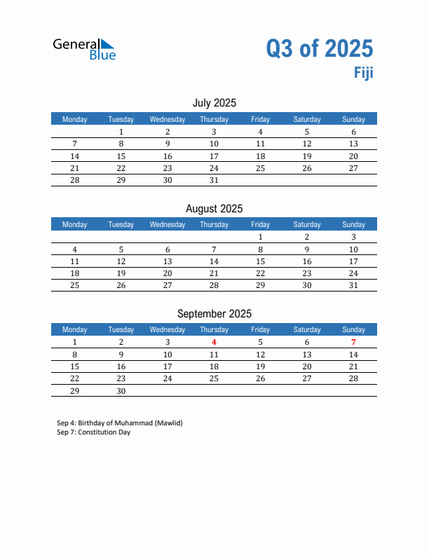 Fiji Q3 2025 Quarterly Calendar with Monday Start