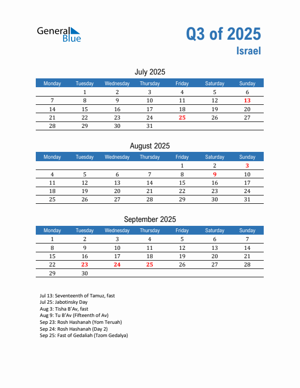 Israel Q3 2025 Quarterly Calendar with Monday Start