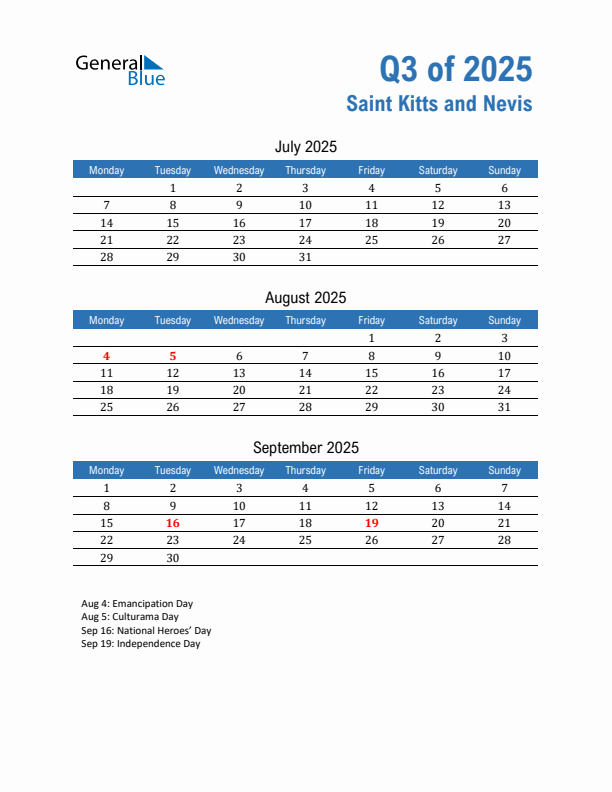Saint Kitts and Nevis Q3 2025 Quarterly Calendar with Monday Start