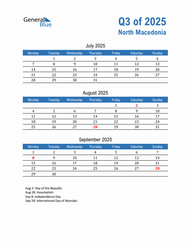 North Macedonia Q3 2025 Quarterly Calendar with Monday Start