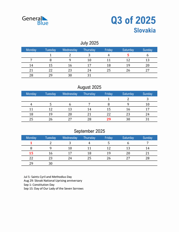 Slovakia Q3 2025 Quarterly Calendar with Monday Start