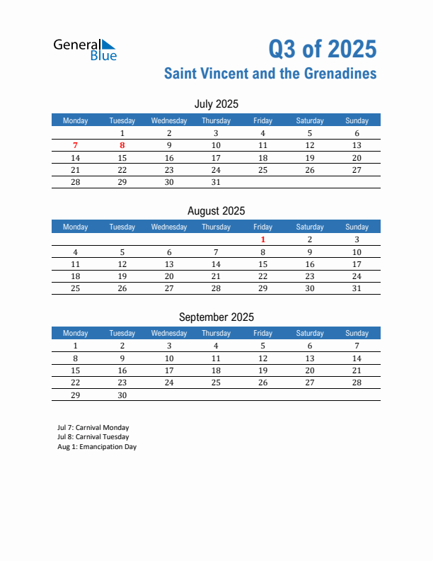 Saint Vincent and the Grenadines Q3 2025 Quarterly Calendar with Monday Start