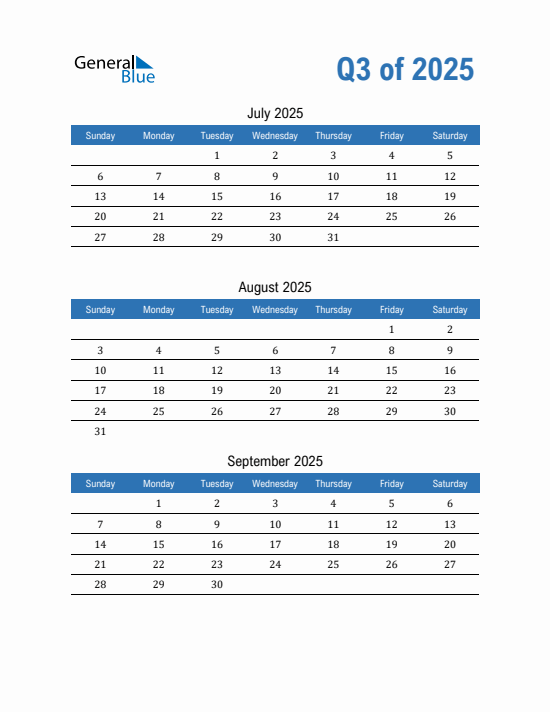Quarter 3 2025 calendar template