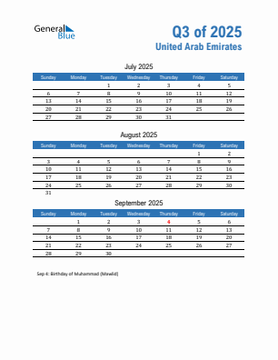 United Arab Emirates Quarter 3  2025 calendar template