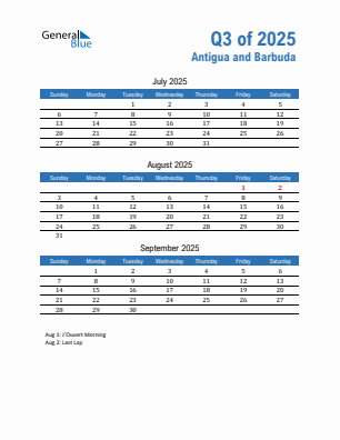 Antigua and Barbuda Quarter 3 2025 calendar template