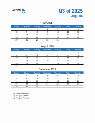 Anguilla Quarter 3  2025 calendar template