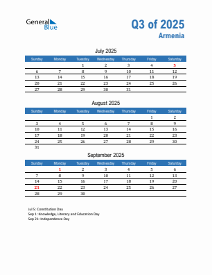 Armenia Quarter 3  2025 calendar template