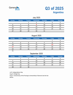 Argentina Quarter 3  2025 calendar template