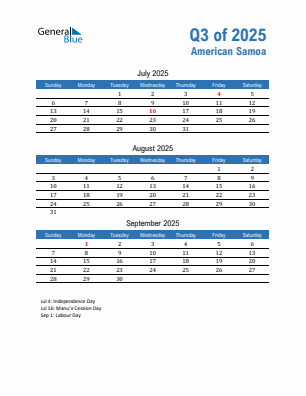 American Samoa Quarter 3  2025 calendar template