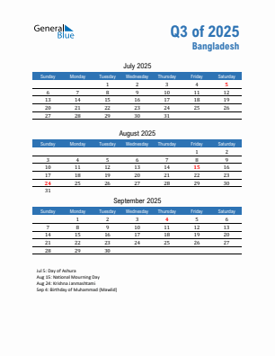Bangladesh Quarter 3 2025 calendar template