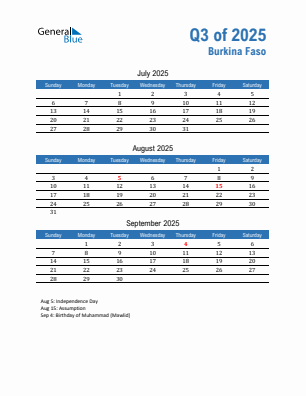 Burkina Faso Quarter 3 2025 calendar template