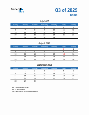 Benin Quarter 3 2025 calendar template