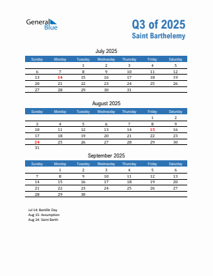Saint Barthelemy Quarter 3 2025 calendar template