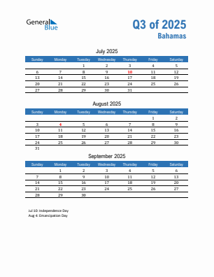 Bahamas Quarter 3 2025 calendar template