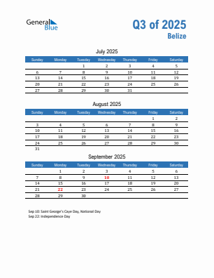 Belize Quarter 3 2025 calendar template