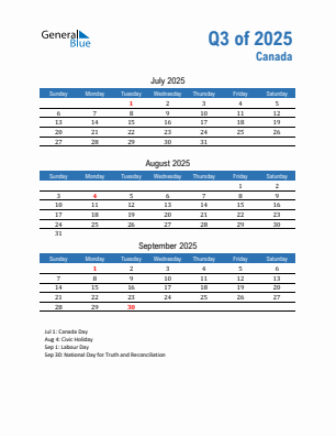 Canada Quarter 3  2025 calendar template