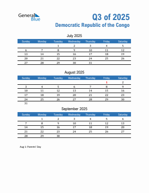 Democratic Republic of the Congo Quarter 3  2025 calendar template