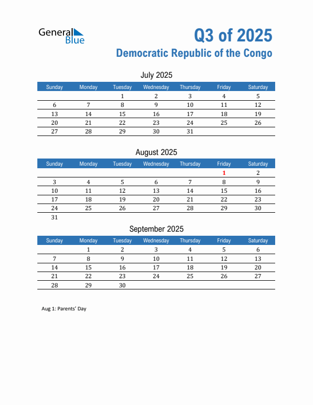 Democratic Republic of the Congo Q3 2025 Quarterly Calendar with Sunday Start