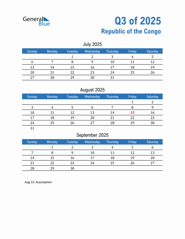Republic of the Congo Q3 2025 Quarterly Calendar with Sunday Start