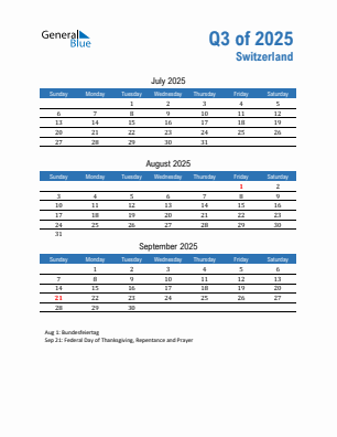 Switzerland Quarter 3  2025 calendar template