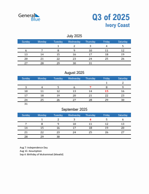 Ivory Coast Quarter 3  2025 calendar template