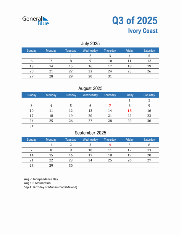 Ivory Coast Q3 2025 Quarterly Calendar with Sunday Start
