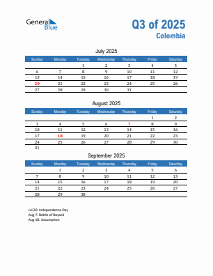 Colombia Quarter 3  2025 calendar template