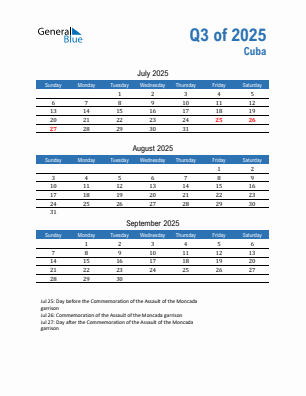 Cuba Quarter 3  2025 calendar template
