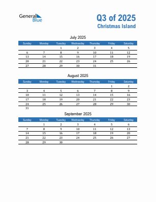 Christmas Island Quarter 3  2025 calendar template