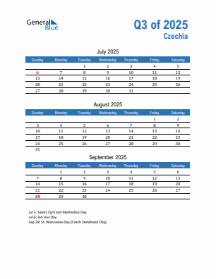 Czechia Quarter 3  2025 calendar template