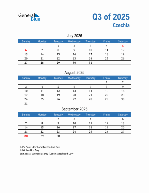 Czechia Q3 2025 Quarterly Calendar with Sunday Start