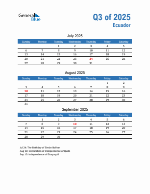 Ecuador Quarter 3  2025 calendar template