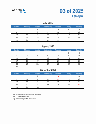 Ethiopia Quarter 3 2025 calendar template
