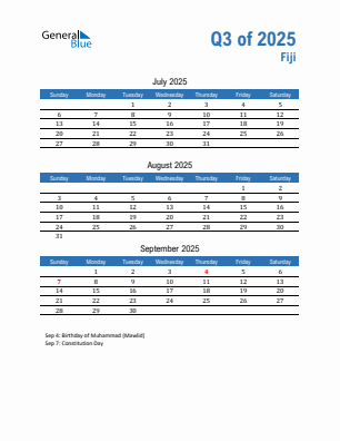 Fiji Quarter 3  2025 calendar template