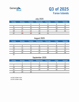 Faroe Islands Quarter 3  2025 calendar template