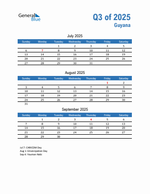 Guyana Quarter 3 2025 calendar template