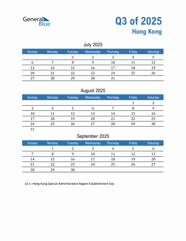 Hong Kong Q3 2025 Quarterly Calendar with Sunday Start