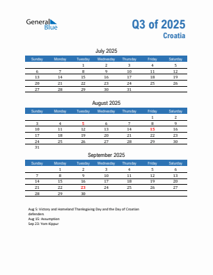 Croatia Quarter 3  2025 calendar template