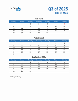 Isle of Man Quarter 3  2025 calendar template