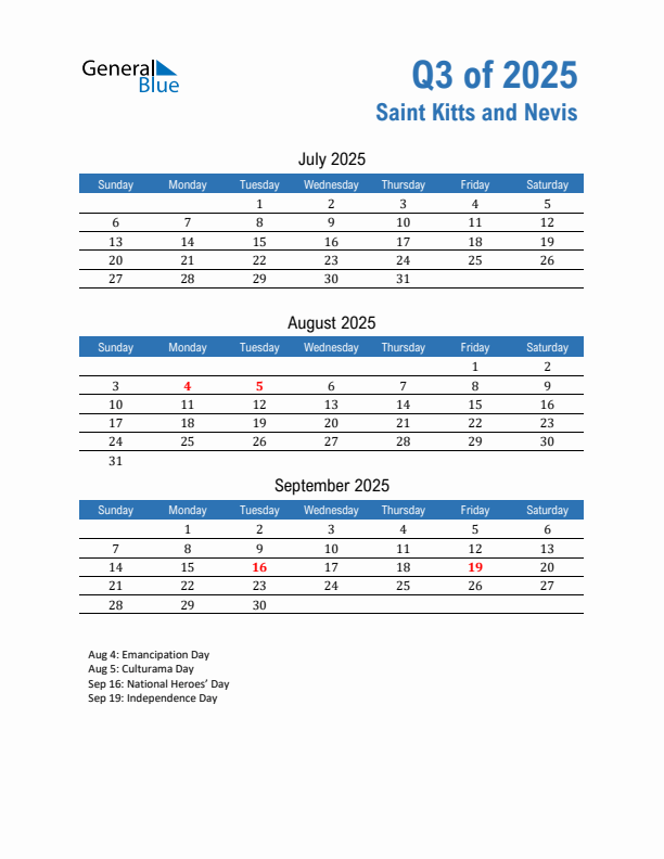 Saint Kitts and Nevis Q3 2025 Quarterly Calendar with Sunday Start