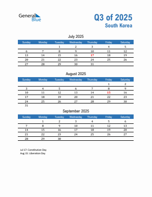 South Korea Quarter 3 2025 calendar template