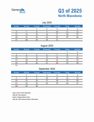 North Macedonia Quarter 3  2025 calendar template