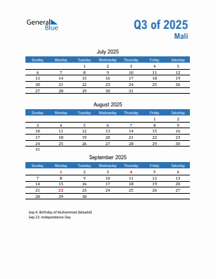 Mali Quarter 3  2025 calendar template