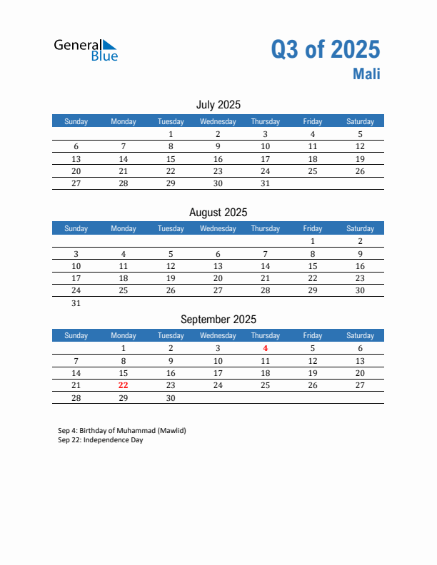 Mali Q3 2025 Quarterly Calendar with Sunday Start