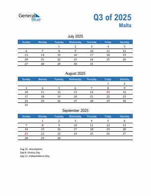 Malta Quarter 3  2025 calendar template