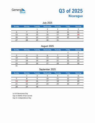 Nicaragua Quarter 3  2025 calendar template