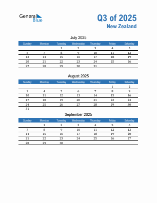 New Zealand Quarter 3  2025 calendar template